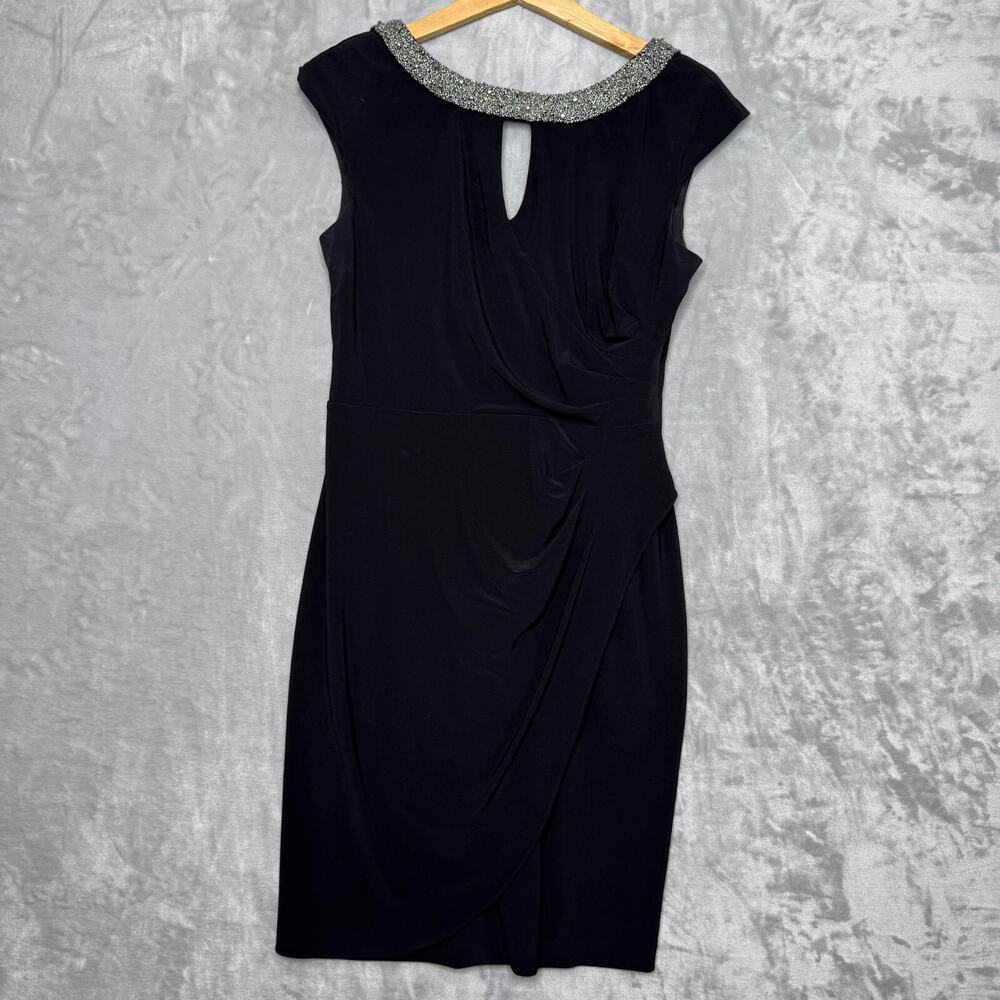 Alex Evenings Dress Womens 10 Black Knit Sheath Beaded Collar Backless Ruched